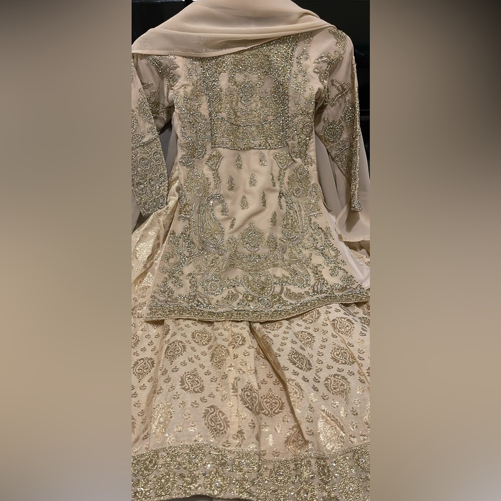 Kid girls Cream and Gold Embroidered gown/ Lahanga Indian